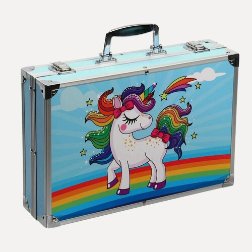 Изображение товара Набор для рисования "Чемодан творчества" с красками, в алюминиевом чемоданчике, 145 предметов Единорог синий