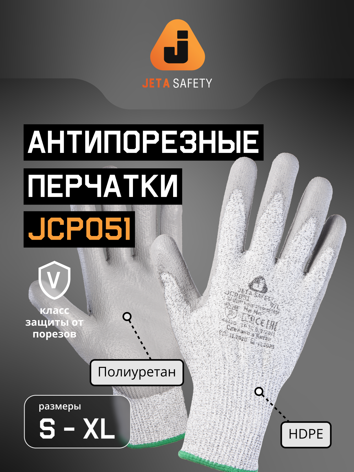 Перчатки JCP051 для защиты от порезов (5 класс) с полиуретановым покрытием