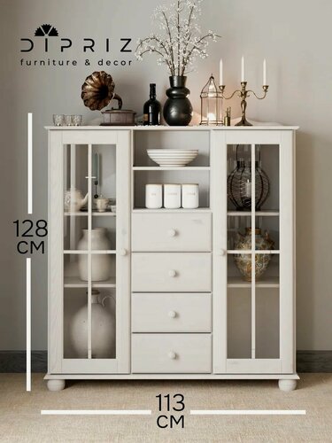 Изображение товара Шкаф витрина 113х32х128, Бритта, сервант, для посуды, двухдверный, белый, стеклянный, с полками, массив сосны, Dipriz
