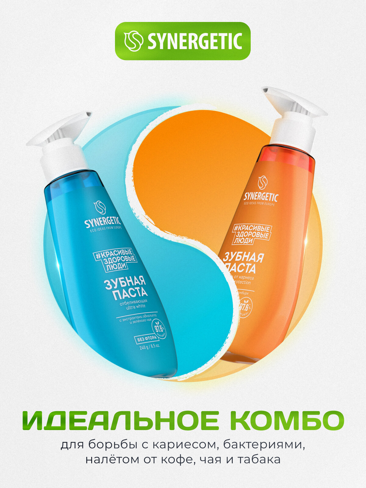 Набор Зубная паста SYNERGETIC (отбеливающая ULTRA WHITE+защита от кариеса CARIES PROTECTION)-2шт по 240гр. — фото 1