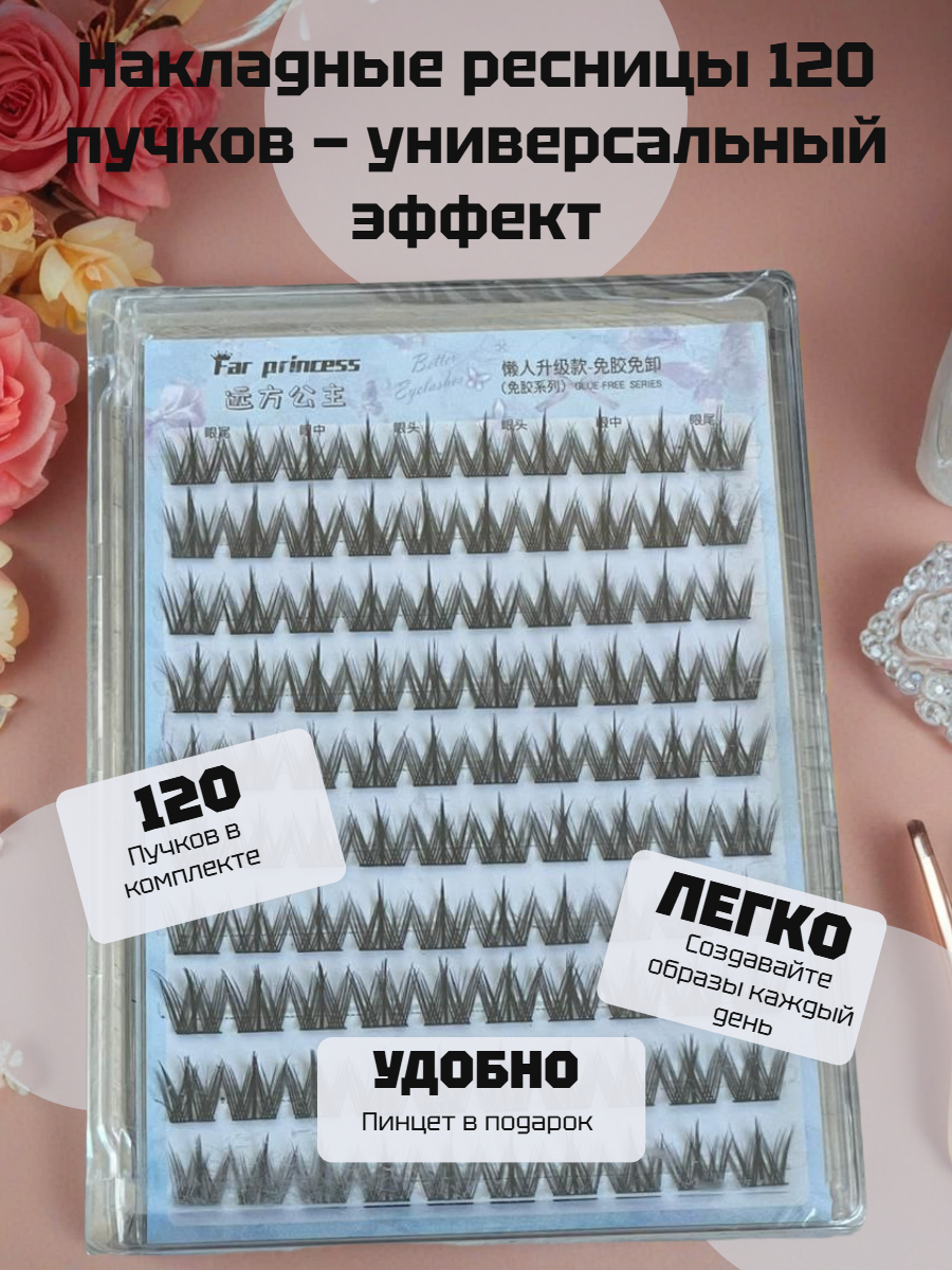 Ресницы накладные с пинцетом - 10 рядов, 120 пучков, длина 12 мм