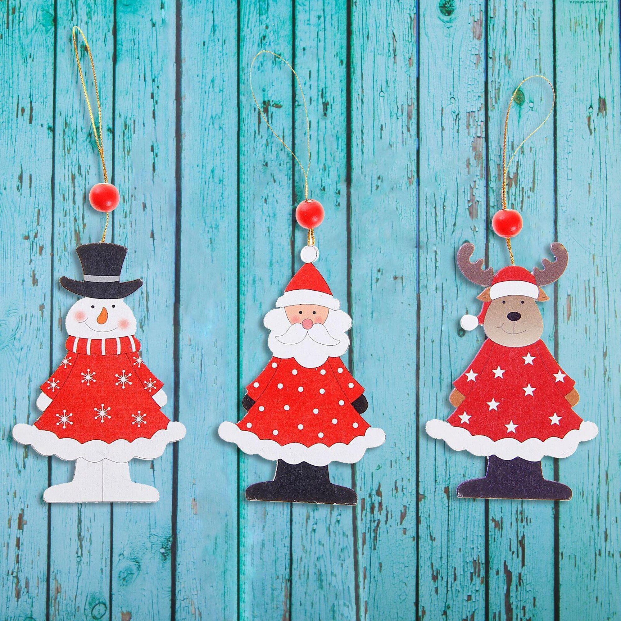 Подвеска новогодняя деревянная "Новогодние гости" односторонняя микс