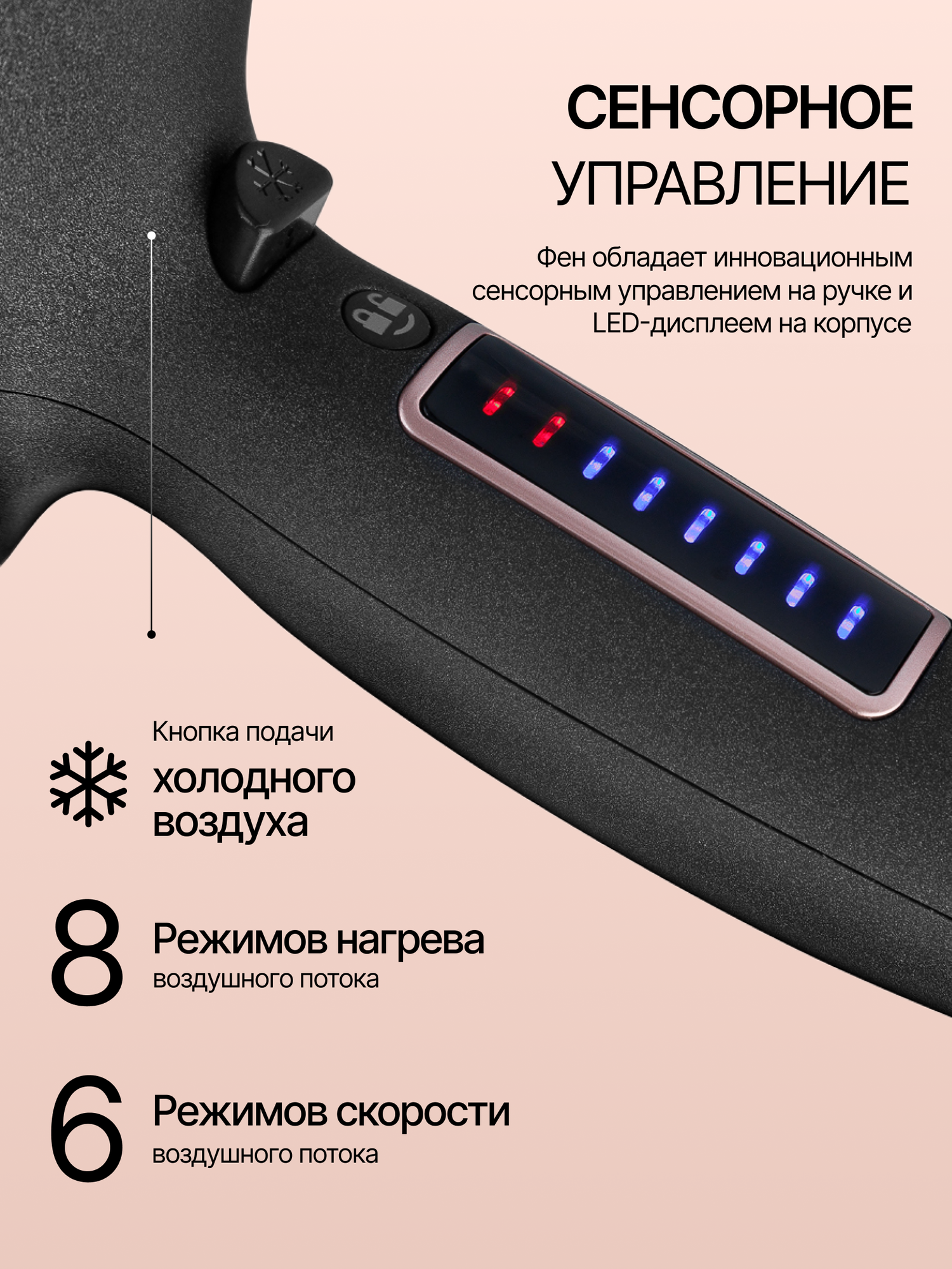 Фен BRAYER BR3001,2200Вт, с сенсорным управлением, LED-дисплей, 6 скоростей, 8 режимов температуры, черный — фото 1