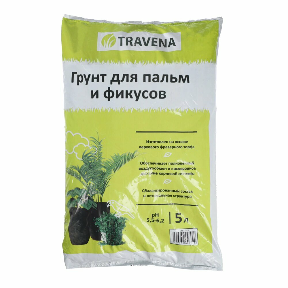 Грунт для пальм и фикусов TRAVENA на основе верхового торфа pH 55-62 объем 5 л