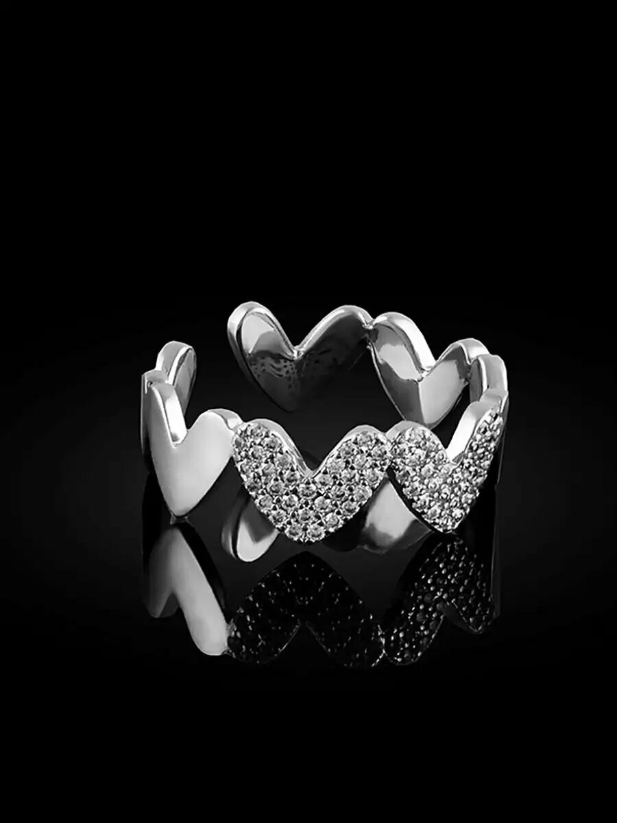 Кольцо переплетенное, фианит, безразмерное, ширина 4 мм, Silver