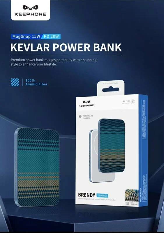 Внешний аккумулятор Keephone Brendy, 5000 мА⋅ч, металл/карбон, беспроводная зарядка MagSafe, power bank, blue