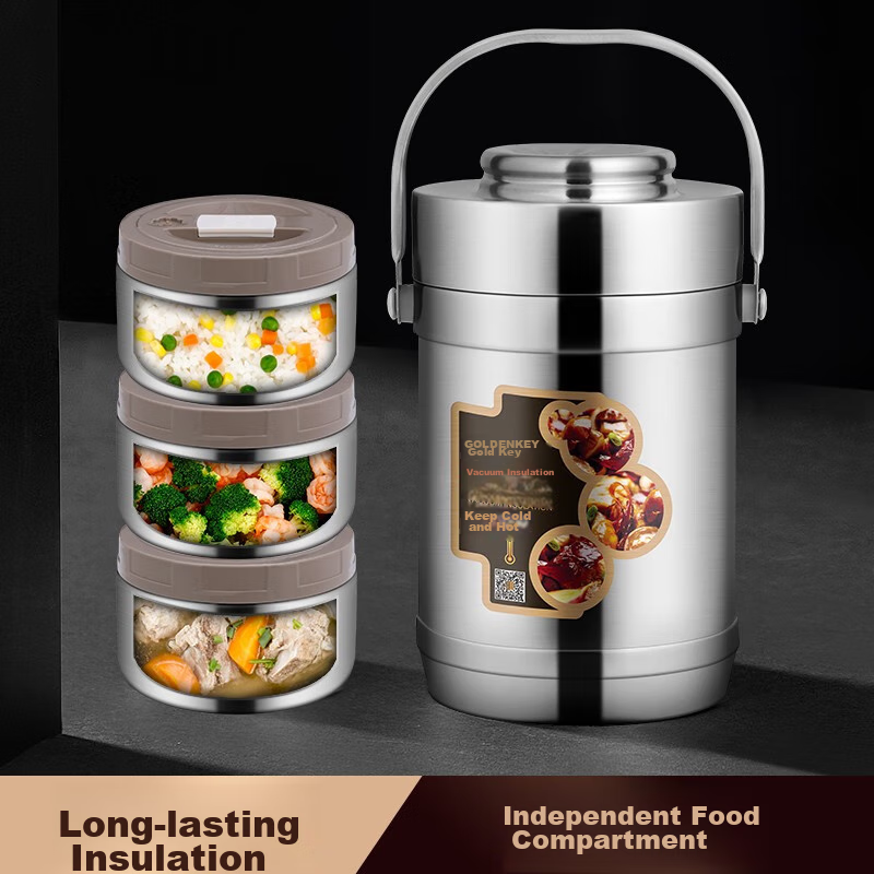 Golden Key 304 Stainless Steel Vacuum Insulated Lunch Box Classic 2L Three-Compartment Thermal Food Container GK-JBD2000T