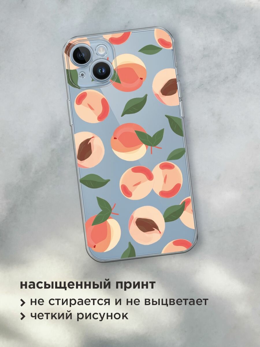 Чехол на Apple iPhone 14 / Айфон 14 с принтом "Нежные персики паттерн 2", прозрачный — фото 1