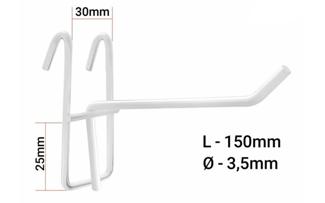 Крючок одинарный на сетку Крючок на решетку 150 мм толщина 38 мм Белый- 20 шт.