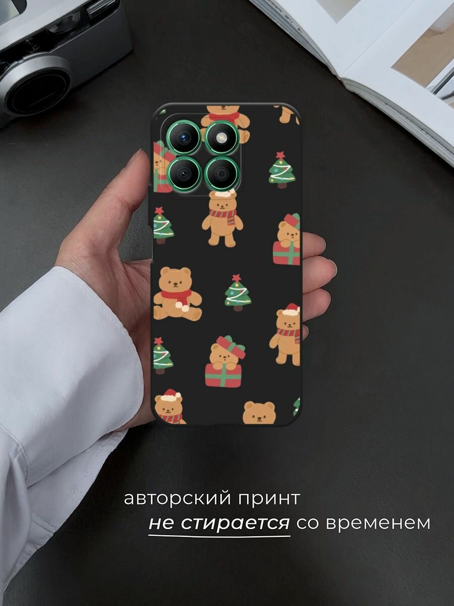 Черный матовый чехол на Honor X8B / Хонор X8B с принтом "Игрушечный новогодний мишка" — фото 1