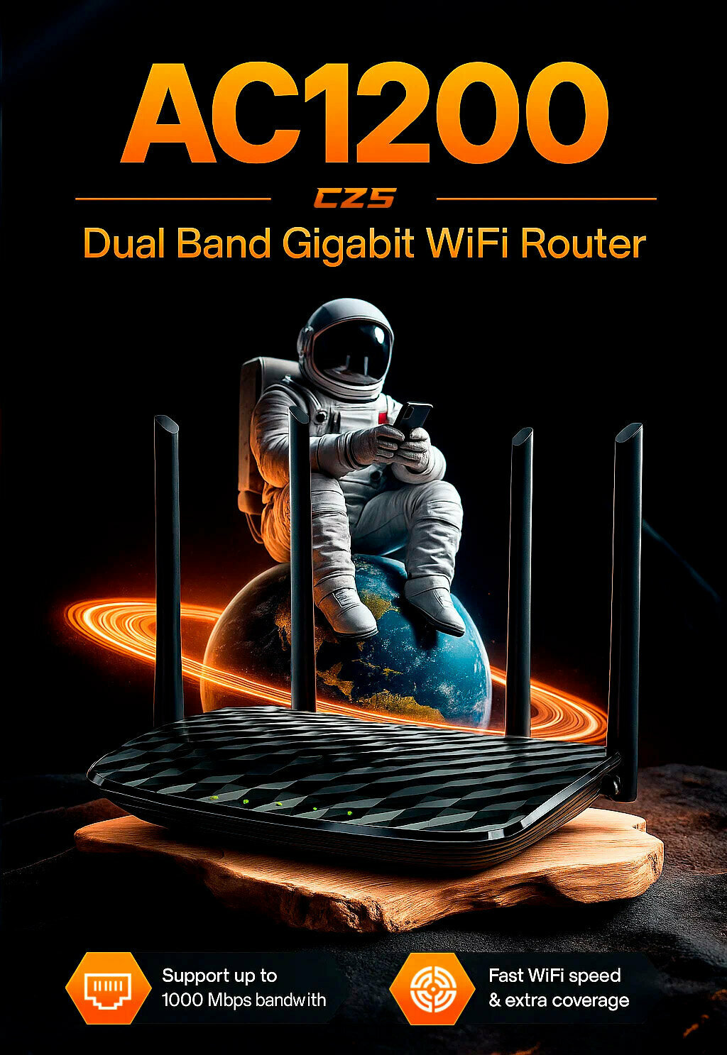 Wi-Fi роутер CZ5 AC1200, двухдиапазонный (2.4/5 ГГц), 4 антенны 5 dBi