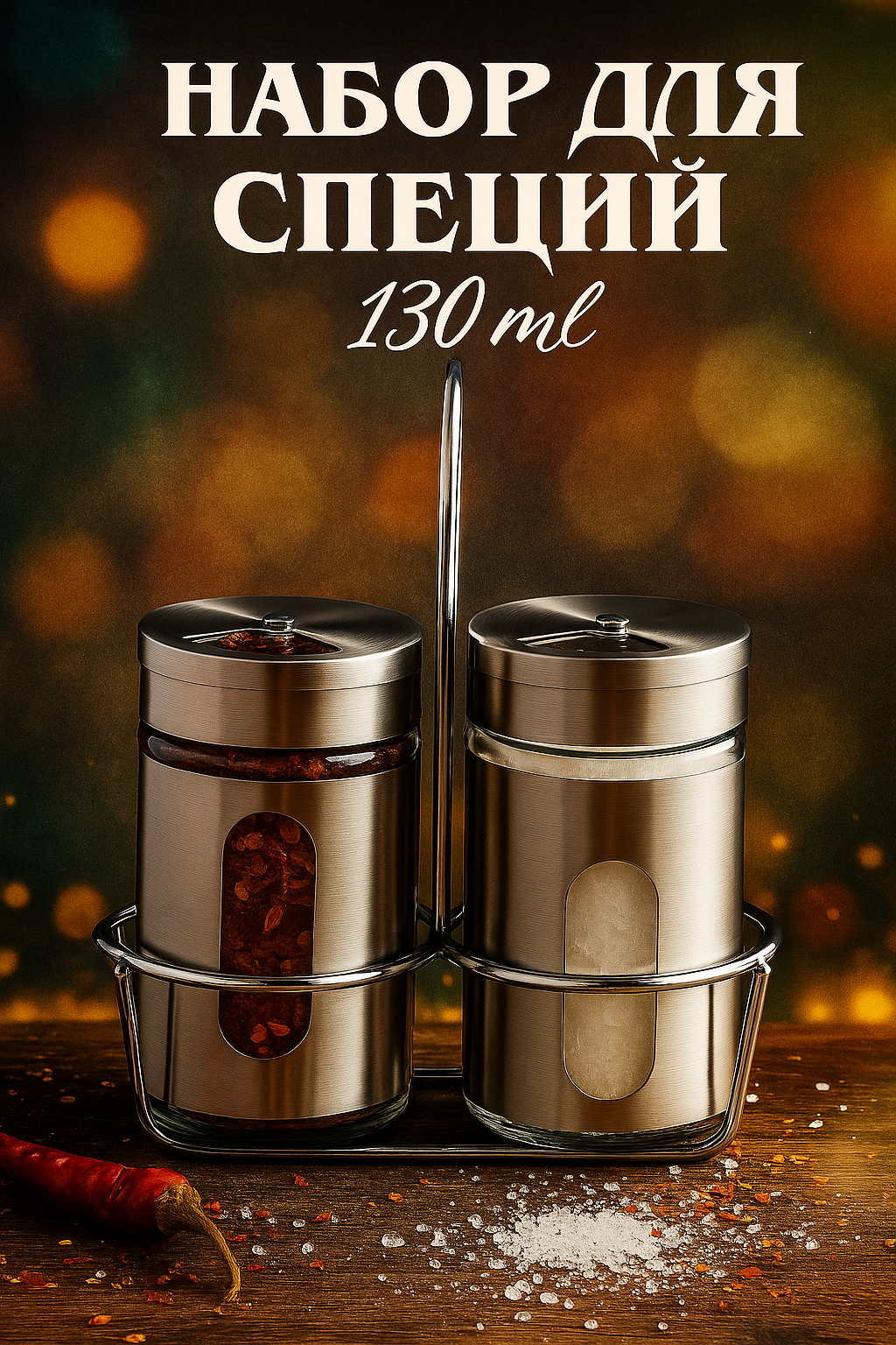 Набор для специй «Стиль» 130 мл 2 шт на подставке стекло металл серебристый