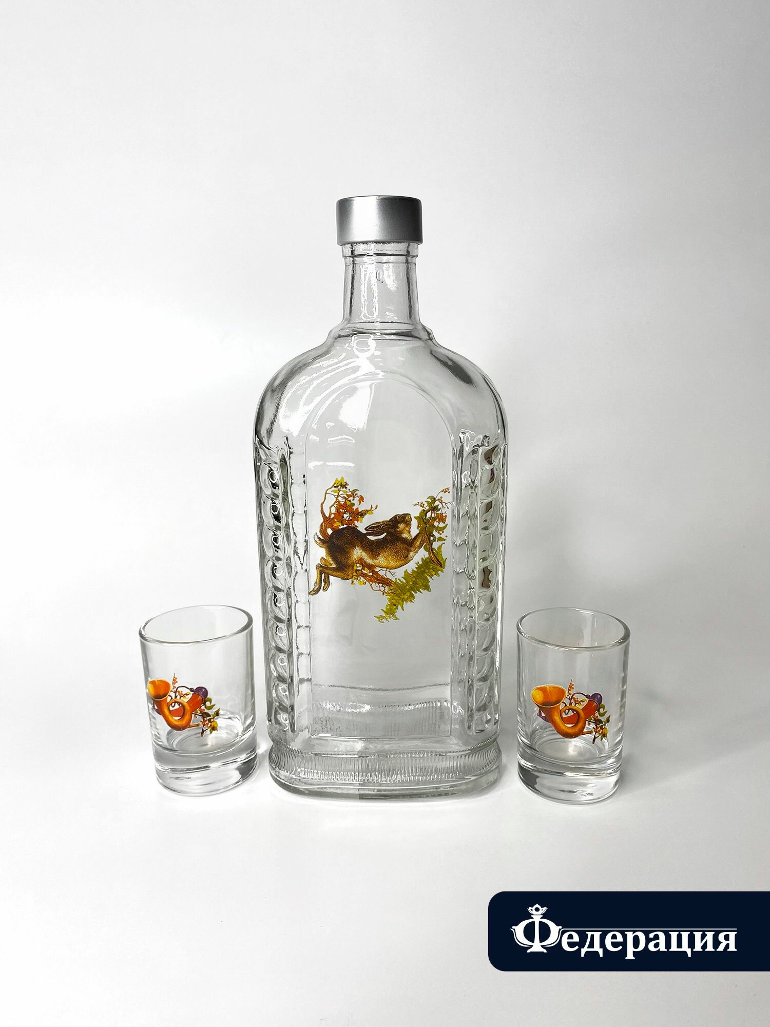 Набор подарочный федерация "Русское хобби: охота". Бутылка для алкоголоя 500 мл. и 2 рюмки 50 мл.