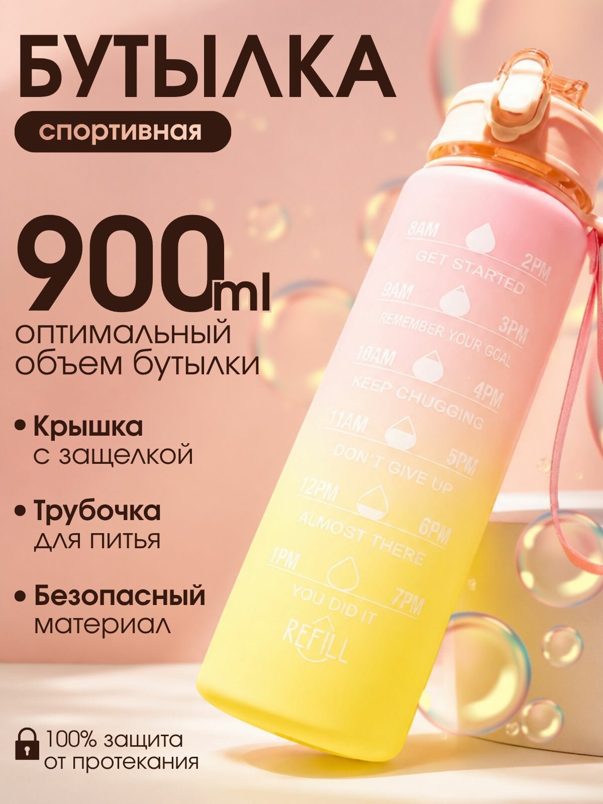 Бутылка для воды спортивная Good 900 мл розовая/желтая