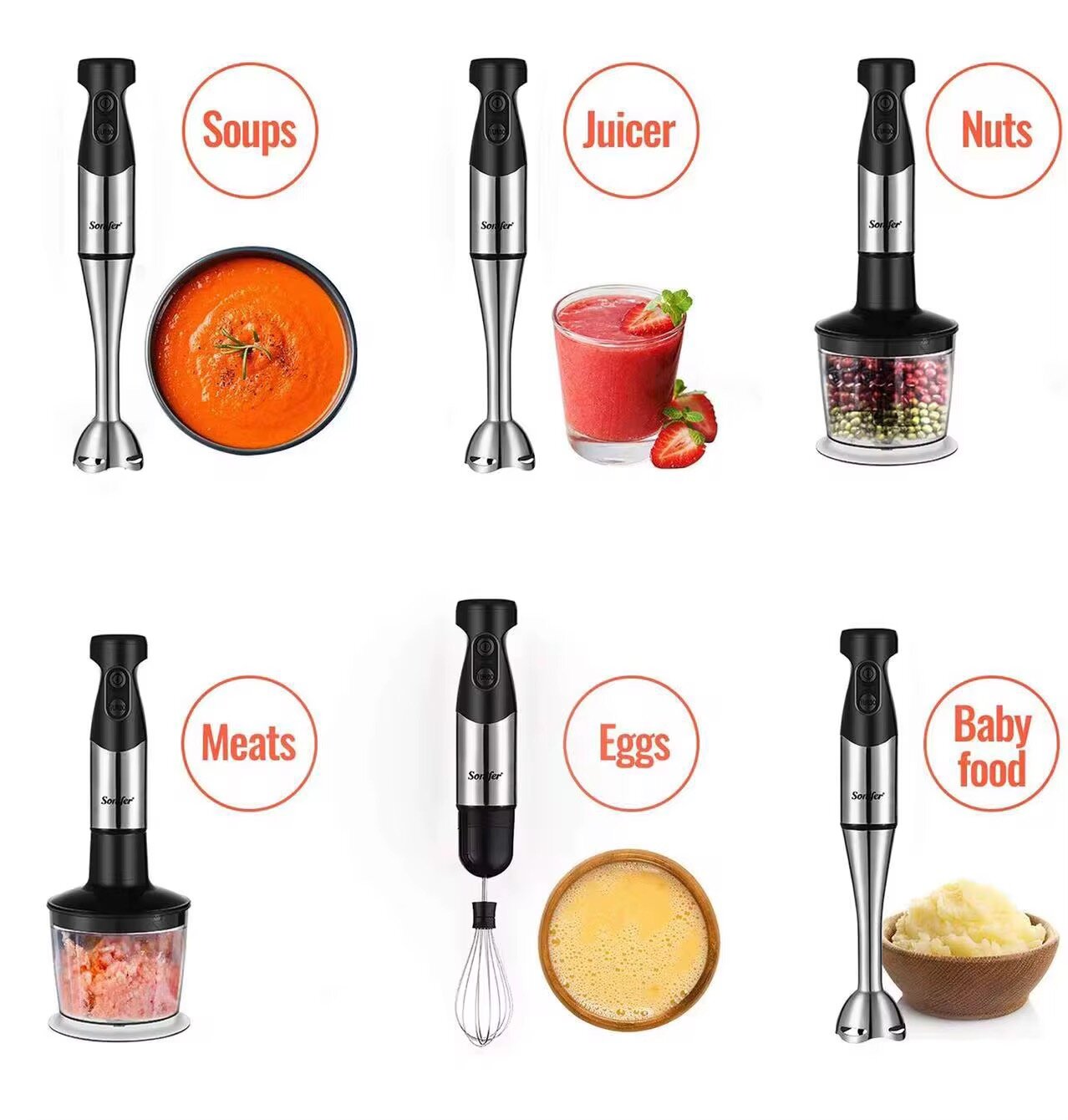 Блендер Sonifer 3 в 1 SF-8013, измельчитель/венчик, мощность 600 Вт — фото 1