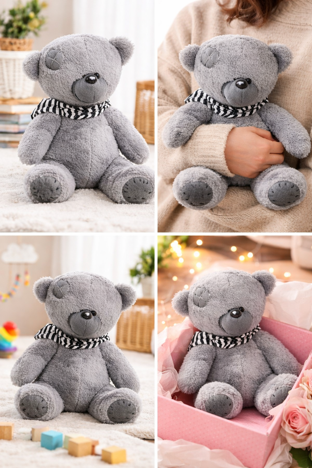 Игрушка плюшевая Мягкий Серый Мишка Тедди с заплатками и полосатым шарфиком, отличный выбор для подарка