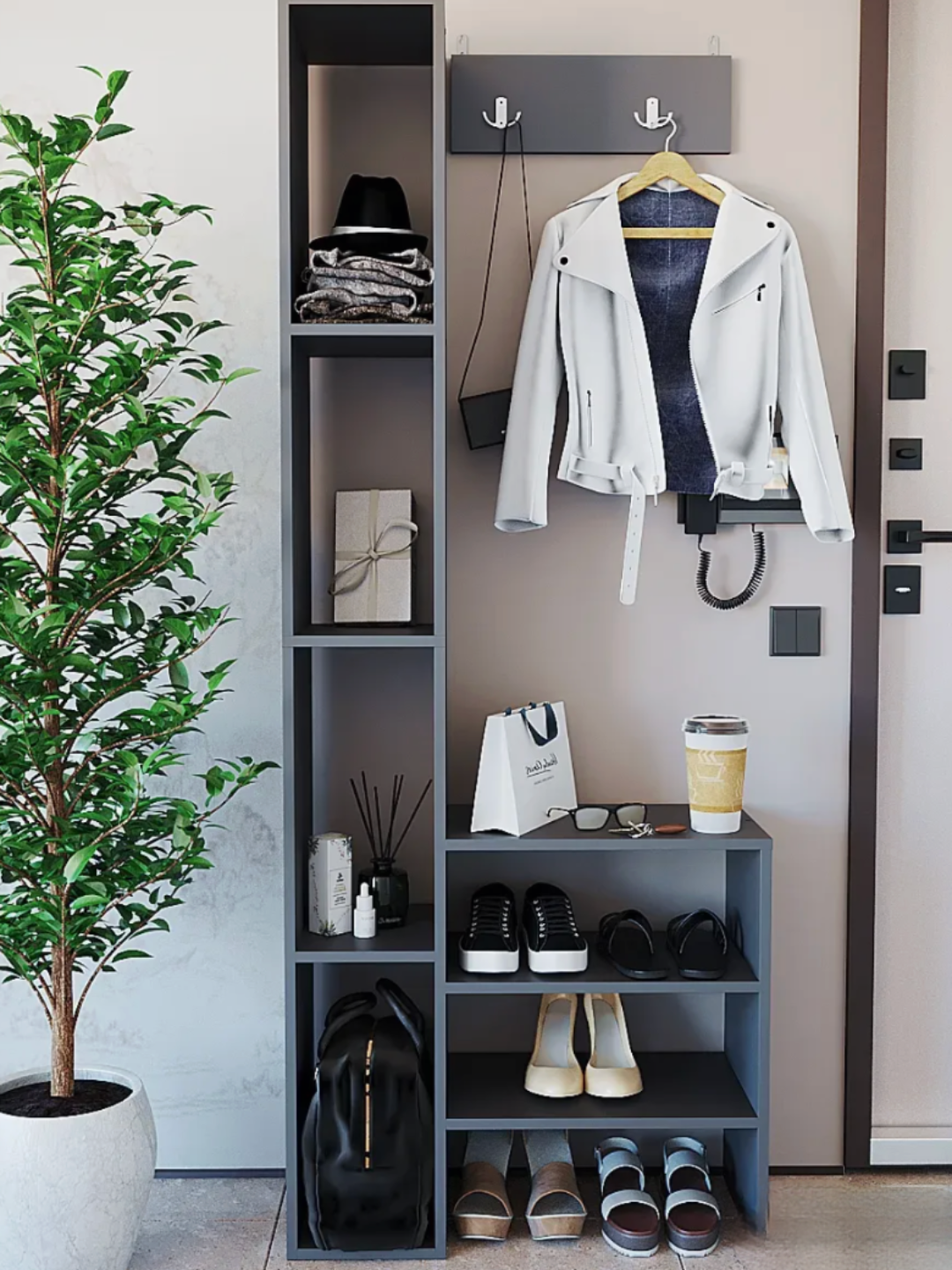 Напольный стеллаж для прихожей с полками для обуви и аксессуаров