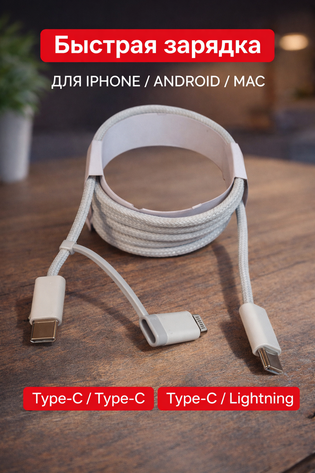 Кабель USB Type-C / Type-C / Lightning — прочный, для быстрой зарядки