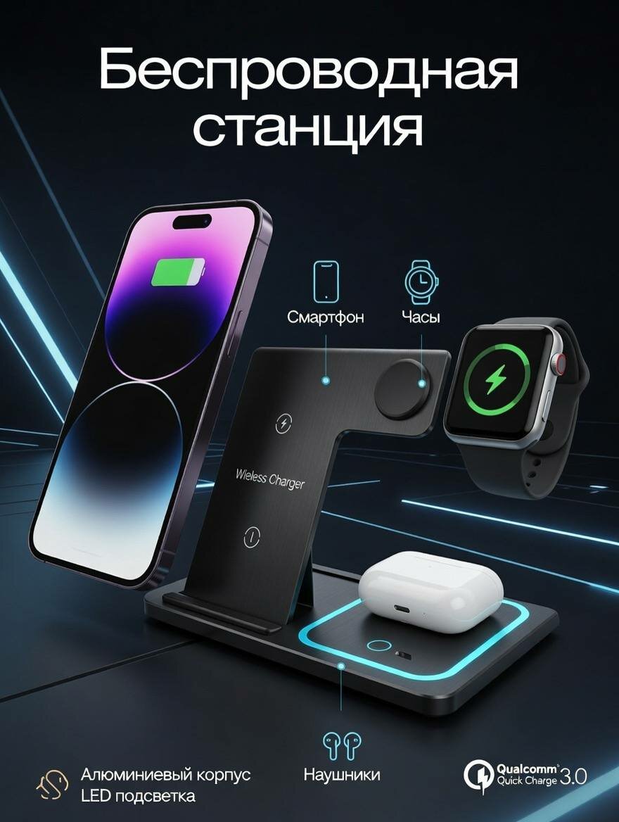 Беспроводная зарядная станция 3 в 1 для iPhone + Apple Watch + AirPods / Зарядное устройство для смартфона / часов / наушников