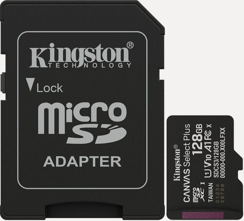 Изображение товара Карта памяти Kingston Canvas Select Plus, microSDXC, 128 ГБ, V10, A1, +SD адаптер (SDCS3/128GB)