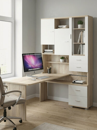 Изображение товара Стол компьютерный Мэрдэс СР-620/180 сбес-прав Сонома/Белый/Сонома, с надстройкой, с ящиками, 130х180х216 см