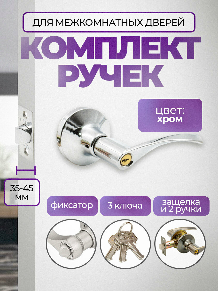Ручка дверная межкомнатная поворотная нажимная с защелкой Титан 200-00 CP  ключ/фиксатор Хром