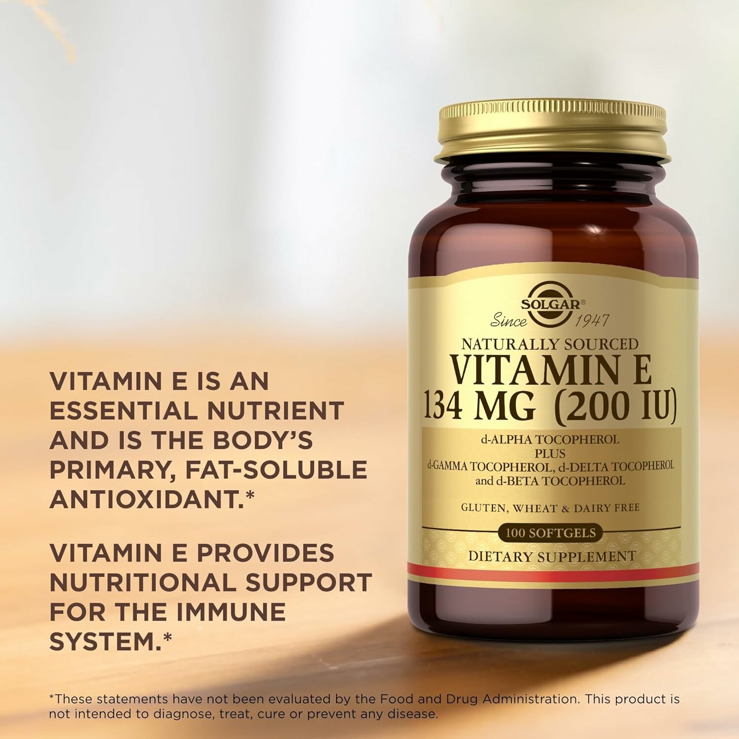Изображение Solgar, Vitamin E 200 ME d-alpha, gamma, delta, beta, Витамин E д-альфа, гамма, дельта, бета токоферолы, 134 мг, 100 шт.
