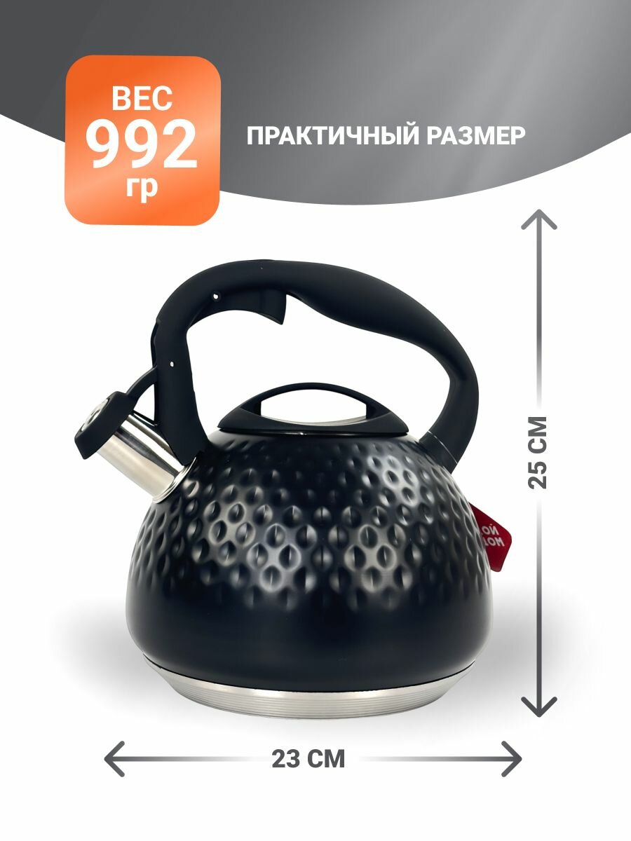 Чайник Мой Дом, нержавеющая сталь, 3 л, с клапаном, со свистком, чёрный — фото 1