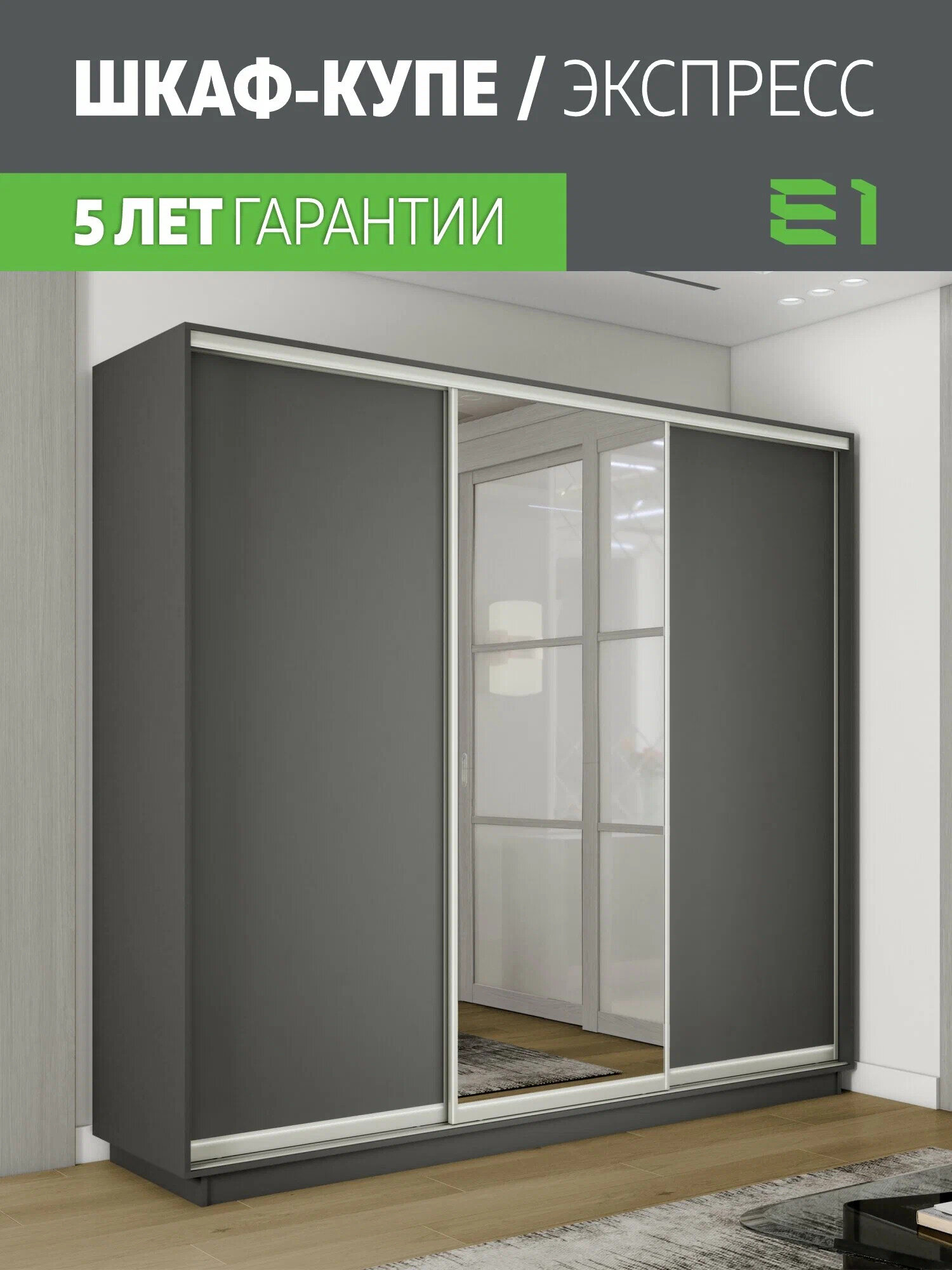 Шкаф-купе 21 Экспресс 3-х дверный 210х240х60 ЛДСП/Зеркало/ЛДСП Серый Диамант