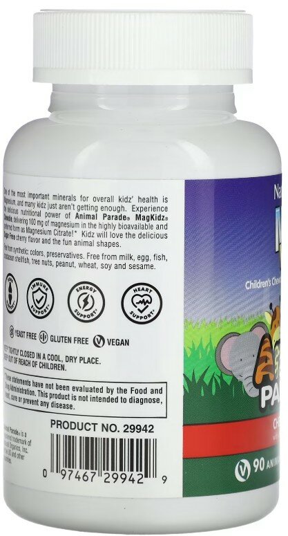 Витамины Для Детей NaturesPlus, MagKidz, детский магний в жевательных таблетках, натуральный вишневый вкус, 90 таблеток в форме животных
