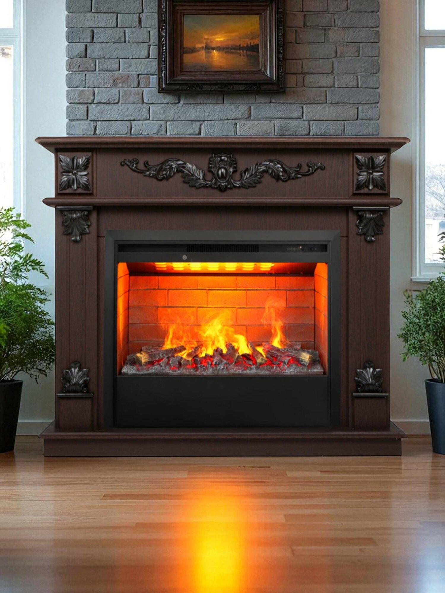 Электрокамин RealFlame Верона 26 коричневый МДФ с Helios 26 3D имитация живого пламени 3D обогрев звуковой эффект