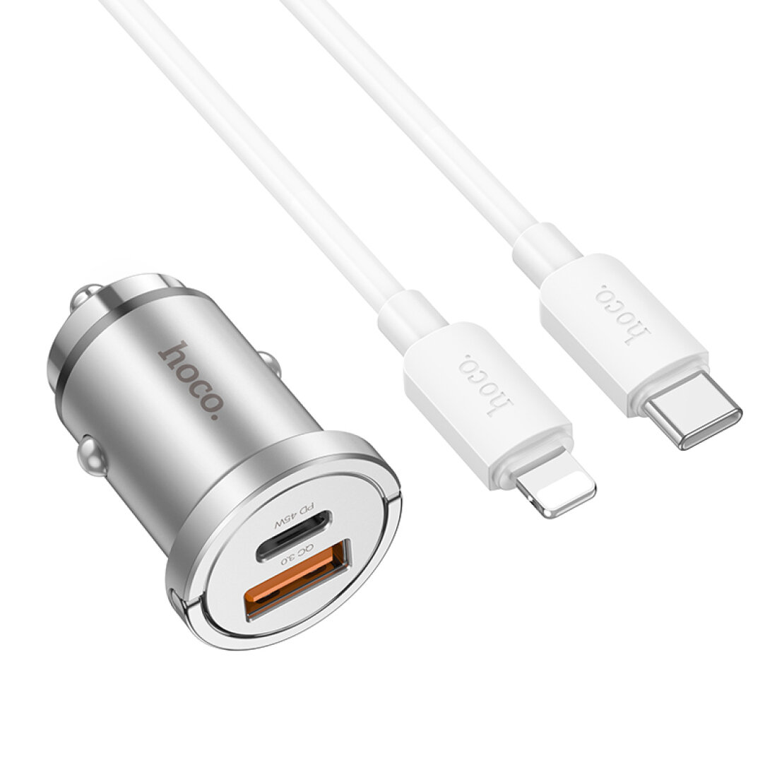 Автомобильное зарядное устройство, 1 USB QC3.0+1 PD 45W (NZ10), HOCO, кабель Type-C to Lightning, серебряный — фото 1