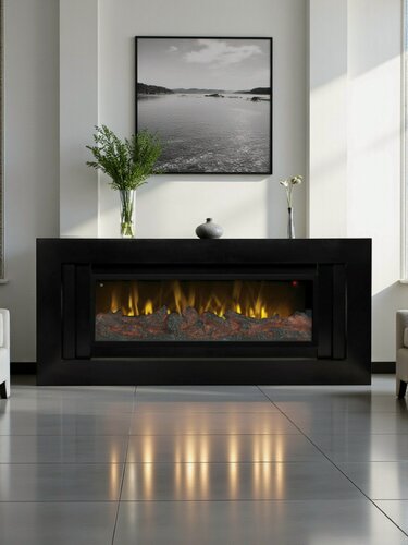 Изображение товара Электрокамин Modern черный МДФ, стильный камин с имитацией пламени, пульт ДУ, звуковой эффект, без обогрева