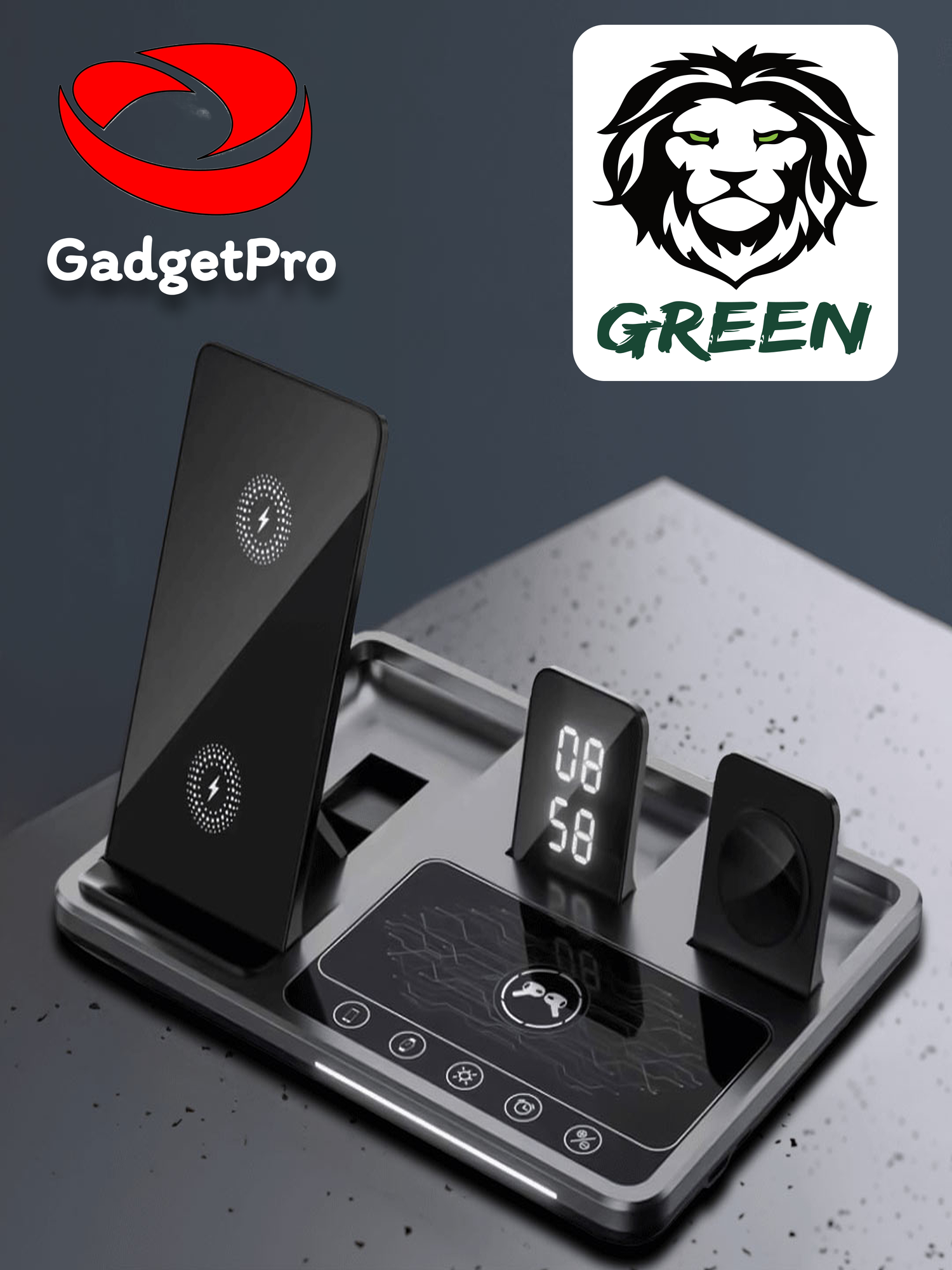 Беспроводная зарядная станция Green Lion 4-в-1, 15 Вт, с часами, выход для наушников 5 Вт и часов 2,5 Вт, Type-C, серый