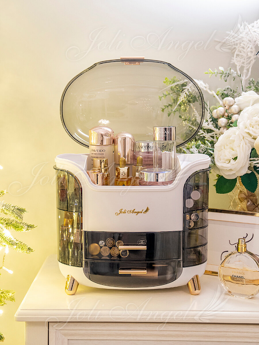 Органайзер для косметики Joli Angel SR-523, 2 ящика, боковые полки, прозрачная крышка, белый