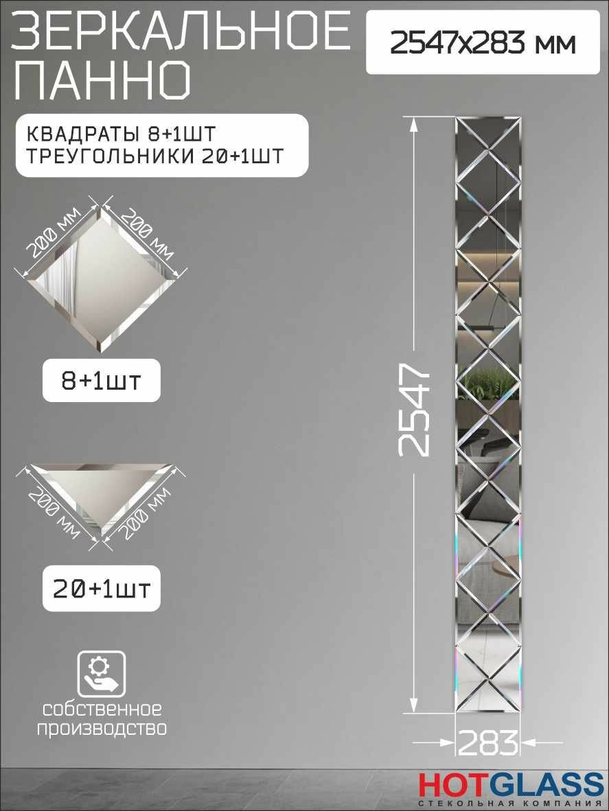 Зеркальное панно на стену 255 х 28 см зеркальная плитка 20 см с фацетом HOTGLASS