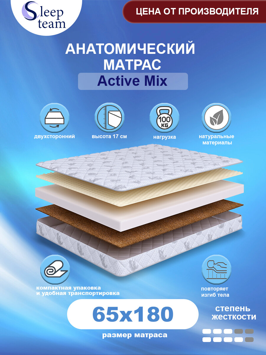 Матрас детский SleepTeam Active Mix 65х180 высота 17 см беспружинный с массажным эффектом односпальный