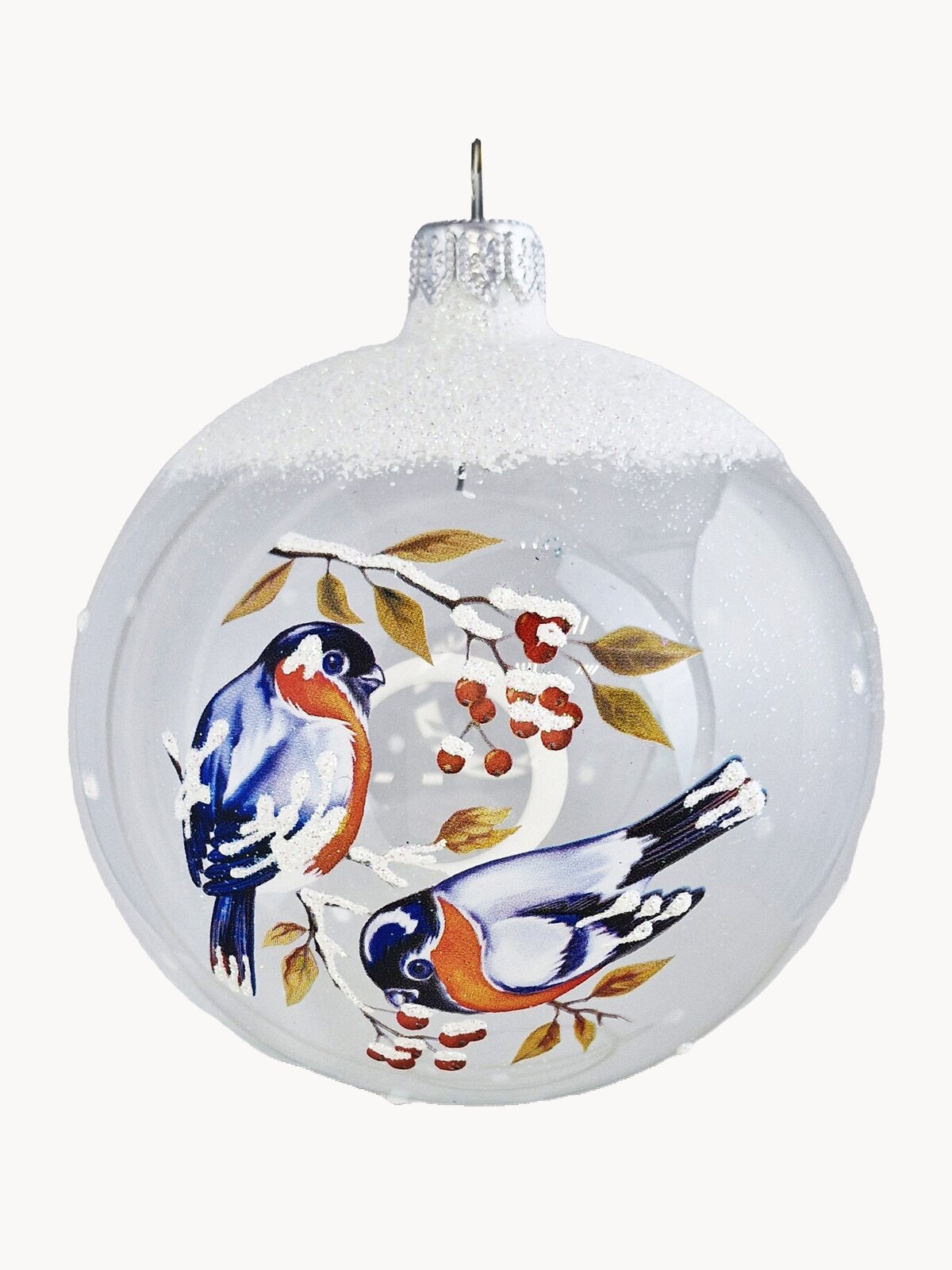 Елочный шар Ленигрушка Снегири на рябине, белый, диаметр 10 см