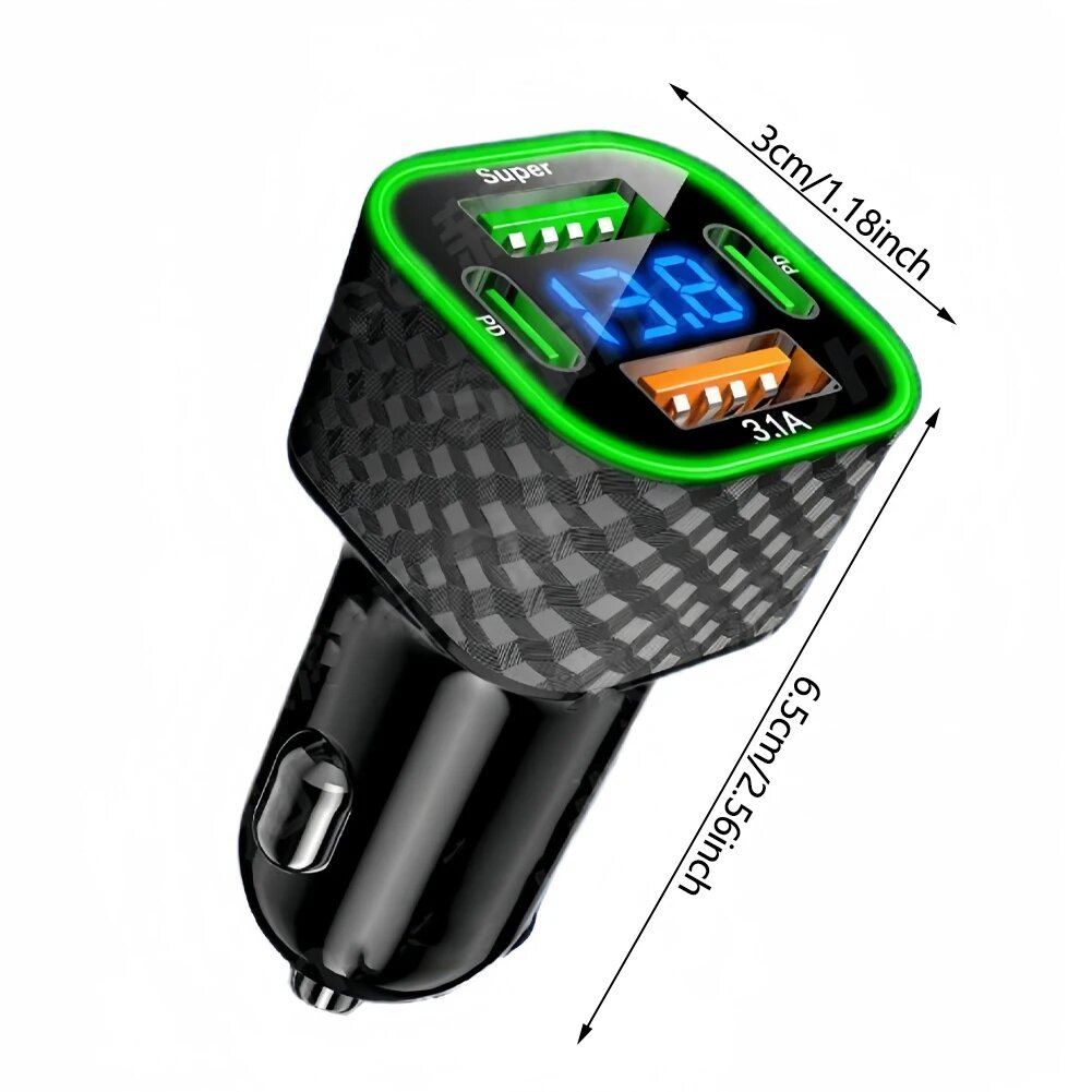 Автомобильное зарядное устройство для телефона 4 в 1, USB C, двойной PD с дисплеем напряжения, адаптер сверхбыстрой зарядки 380 Вт для iPhone Xiaomi Oppo Vivo Samsung