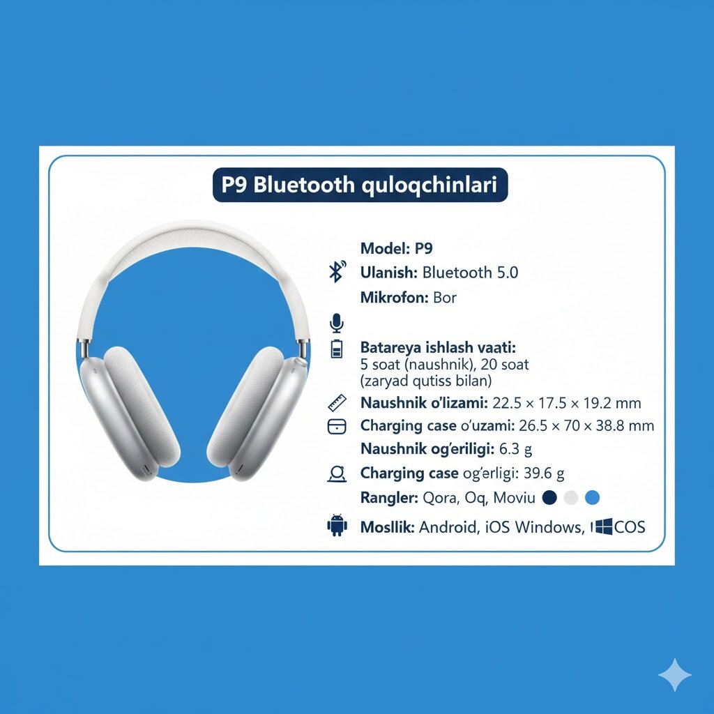 Bluetooth-наушники P9, беспроводные, с микрофоном, Bluetooth 5.0 Совместим с Android и iPhone — фото 1
