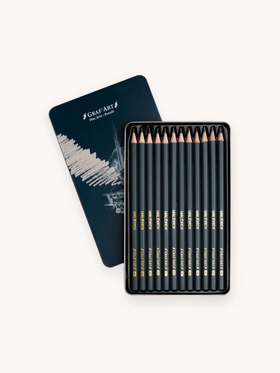 Набор чернографитных карандашей Малевичъ GrafArt, металлическая коробка, 12 шт