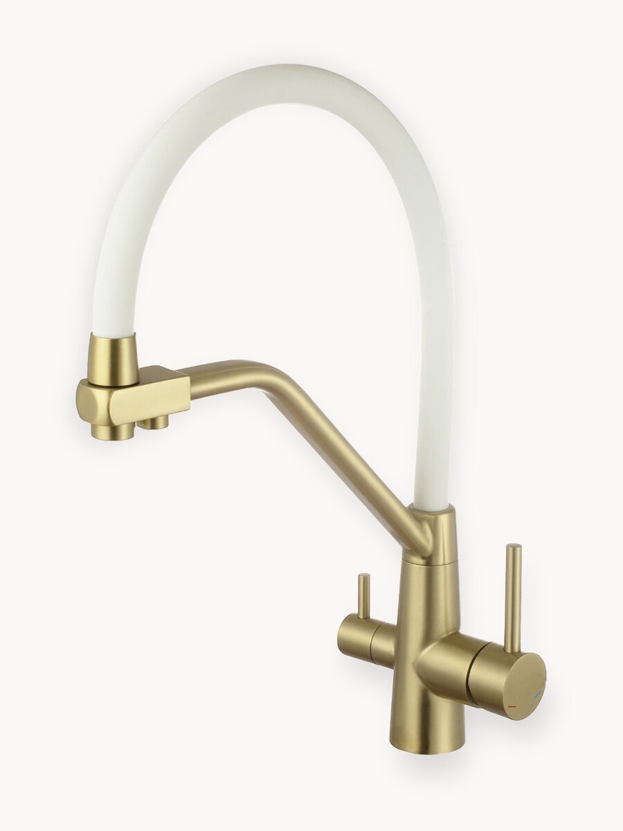 NEW. ESKO Line. Смеситель для кухни с гибким изливом с подключением к фильтру Золото/Белый EL_K102gws с фильтром