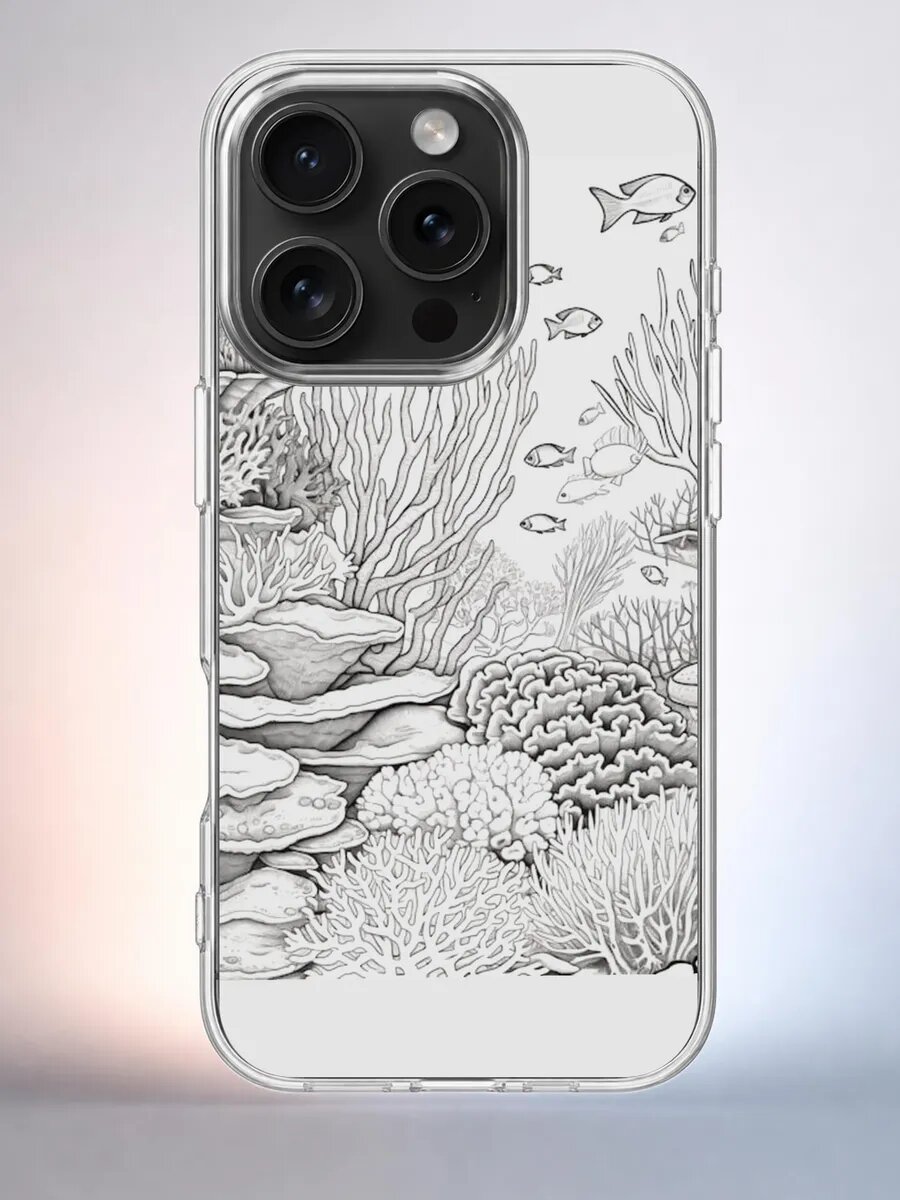 Чехол iPhone 15 Pro риф скетч с рыбами силиконовый