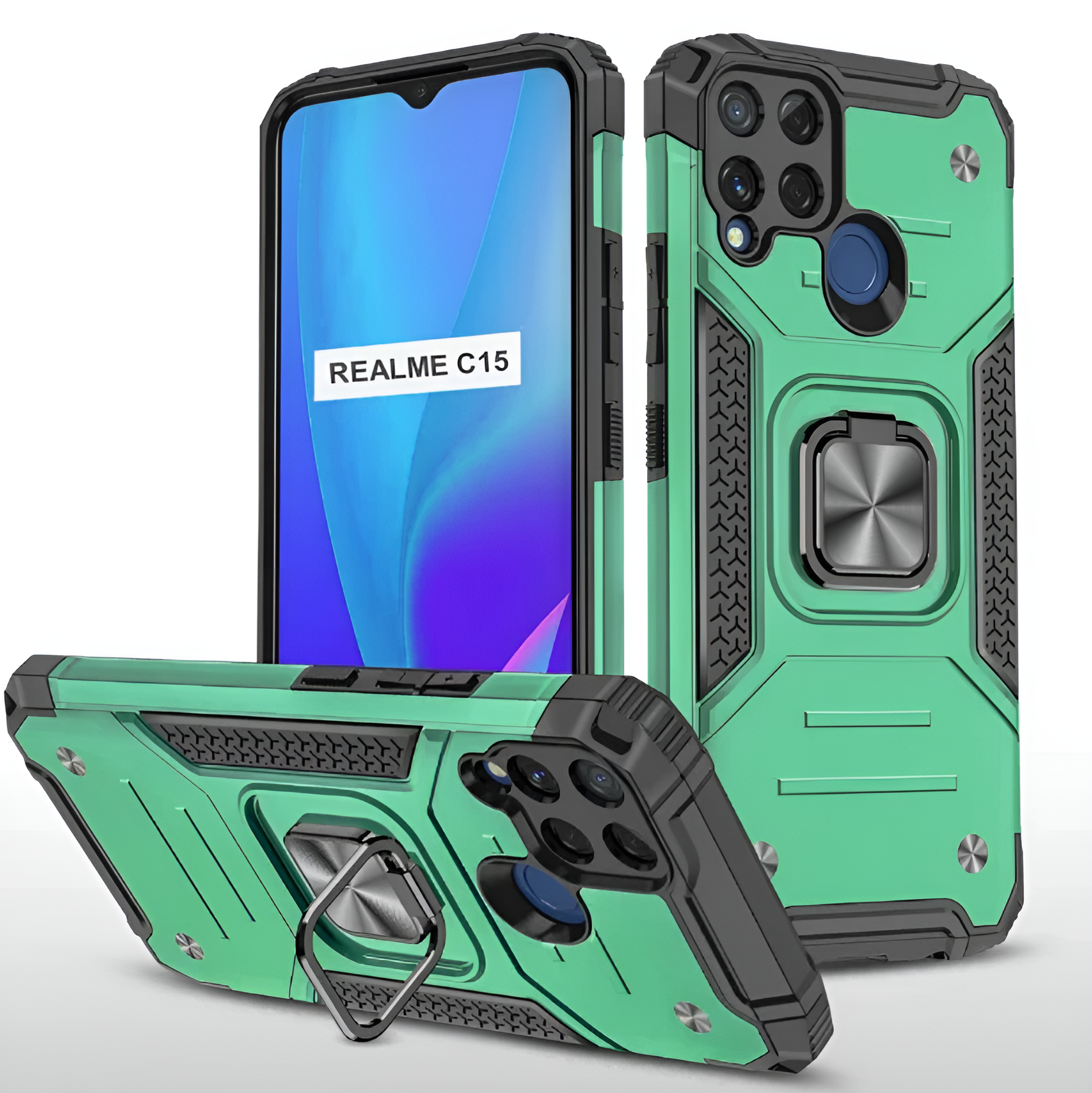 Противоударный чехол для Realme C15 зеленый с пластиной для магнитного автодержателя и кольцом подставкой