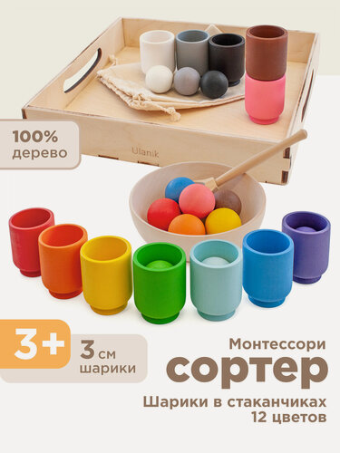 Изображение товара Развивающая игра из дерева сортер для детей Шарики в стаканчиках Ulanik