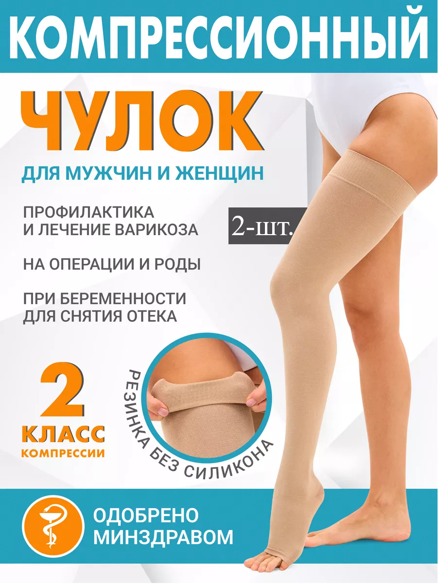 Компрессионные чулки 2 класс компрессии, антиварикозные, до бедра, с открытым носком, бежевые, унисекс, размеры S–XXL