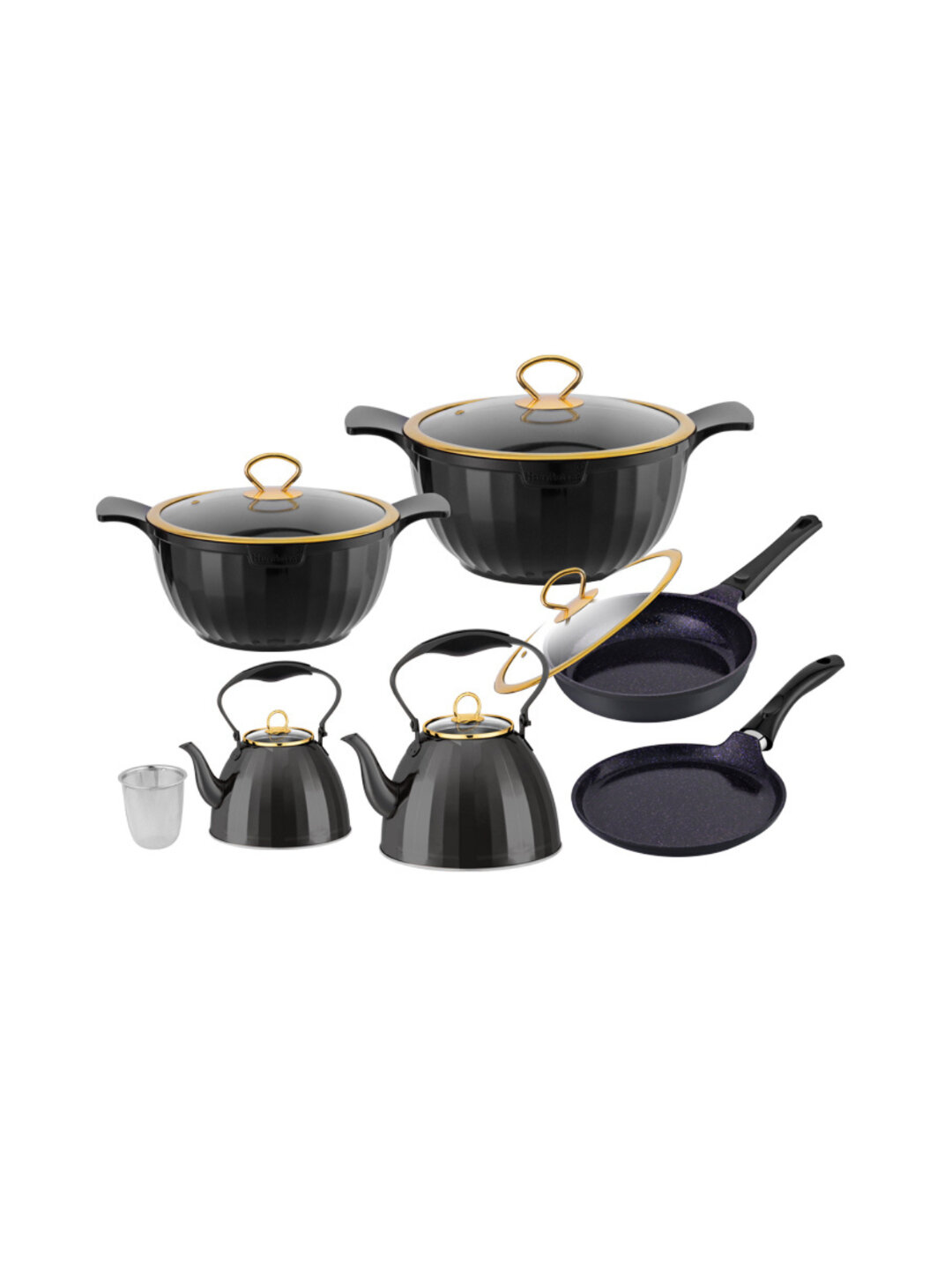 Набор кухонной посуды 6 предметов: 2 кастрюли, сковорода, форма, 2 чайника - Черный
