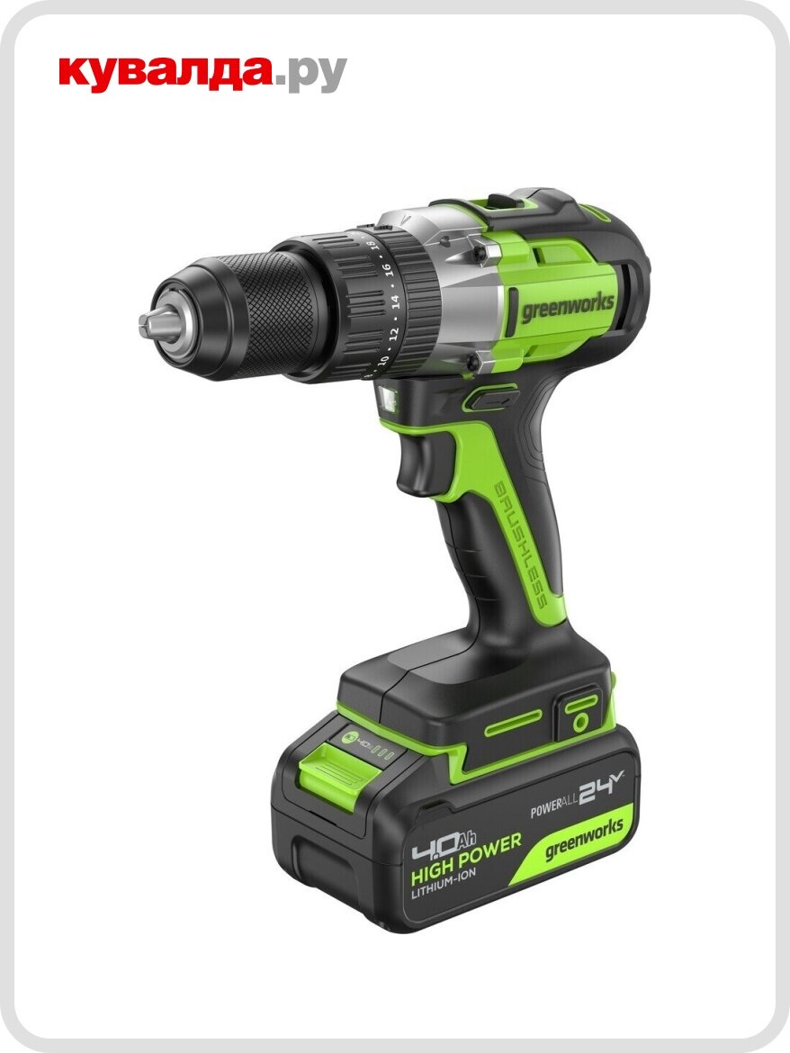 Дрель-шуруповерт аккумуляторная GREENWORKS GD24DD60 ударная 24V АКБ 4Ач и ЗУ