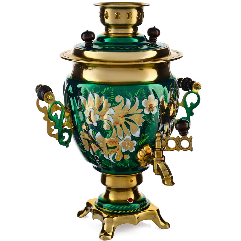 Самовар электрический 3 литра с автоотключением, худ. росписью «Кудрина зелёная» формы «Жёлудь»