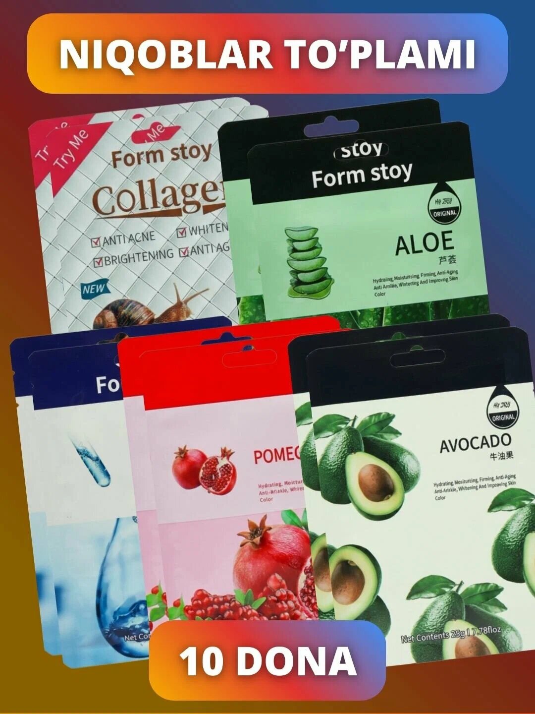 Yuz uchun matoli niqoblar, maska, niqob, to'plam,5 va 10 dona, oziqlantiruvchi, namlantiruvchi, 25 ml